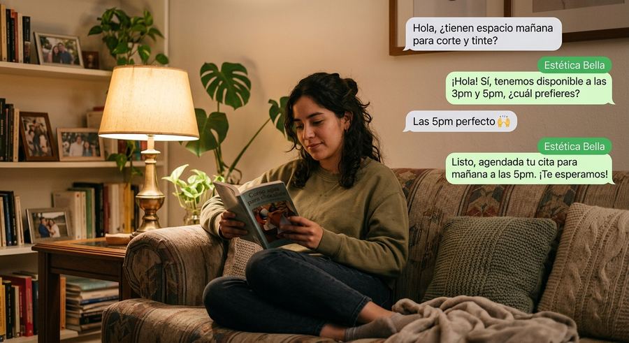 Dueña de un salón de belleza leyendo tranquila mientras su asistente agenda una cita por WhatsApp