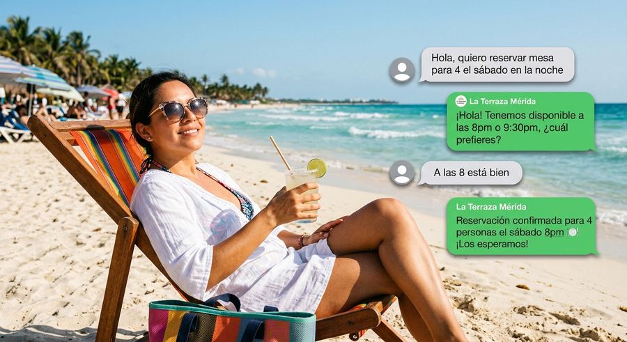 Cliente disfrutando la playa mientras su restaurante confirma una reservación por WhatsApp
