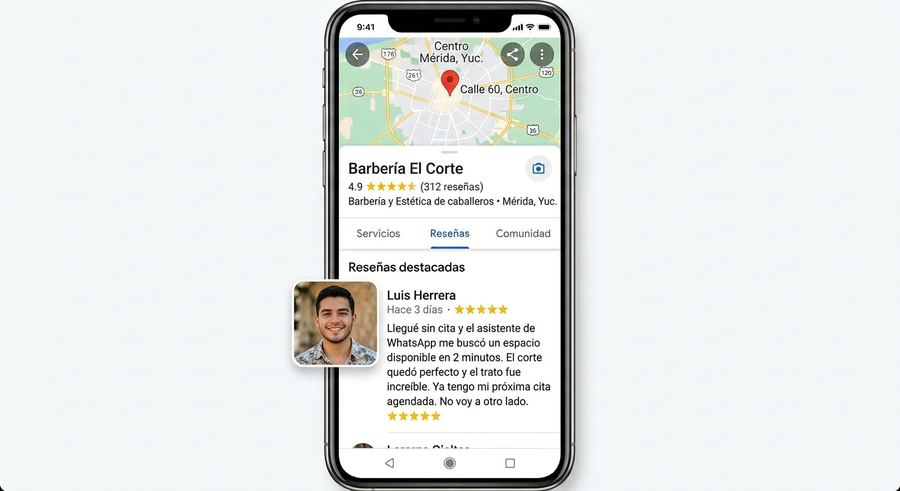 Reseña de 5 estrellas en Google mencionando la rapidez del asistente de WhatsApp de una barbería