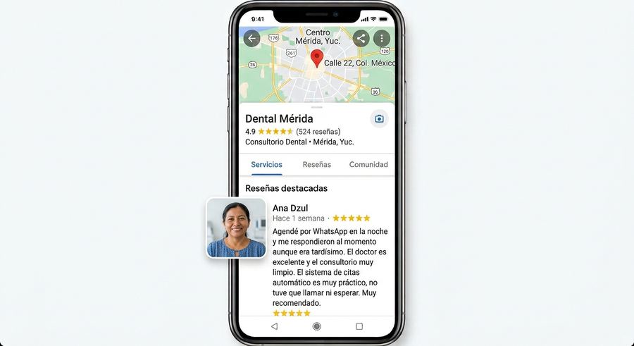 Reseña de 5 estrellas en Google mencionando la rapidez del asistente de WhatsApp de un consultorio dental
