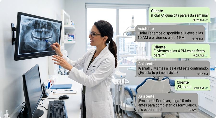Conversación de WhatsApp automatizada agendando una cita en un consultorio dental