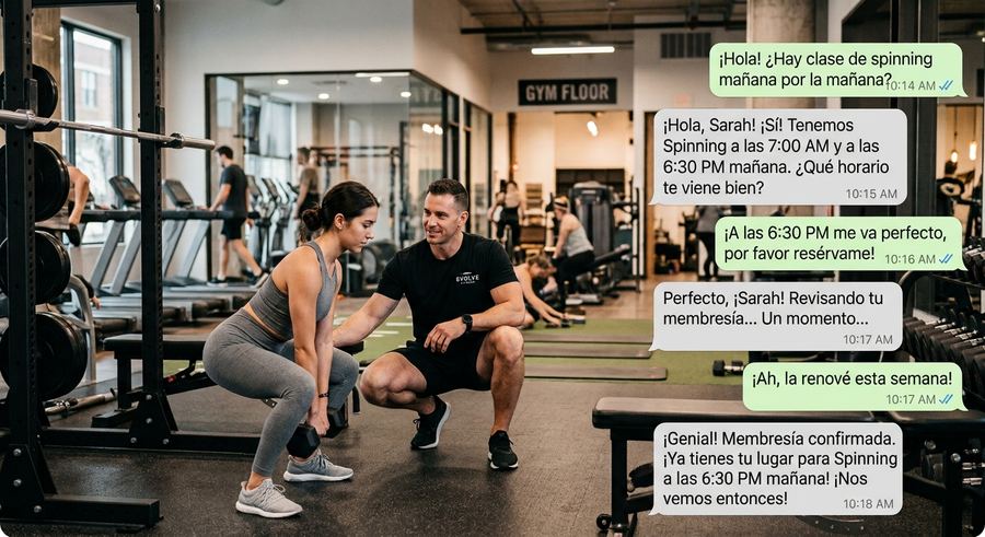 Conversación de WhatsApp automatizada confirmando una clase en un gimnasio