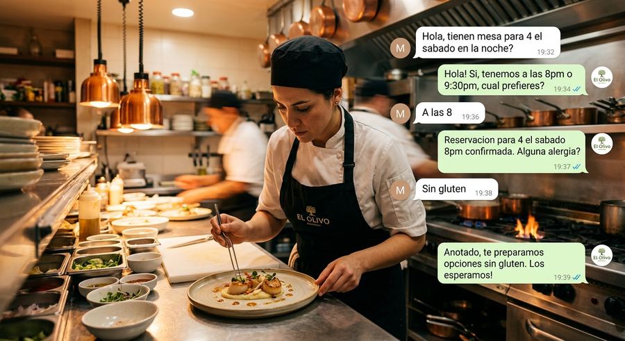 Conversación de WhatsApp automatizada confirmando una reservación en un restaurante