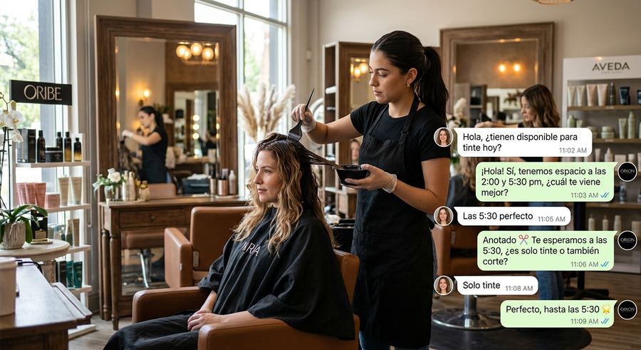 Conversación de WhatsApp automatizada agendando una cita en un salón de belleza