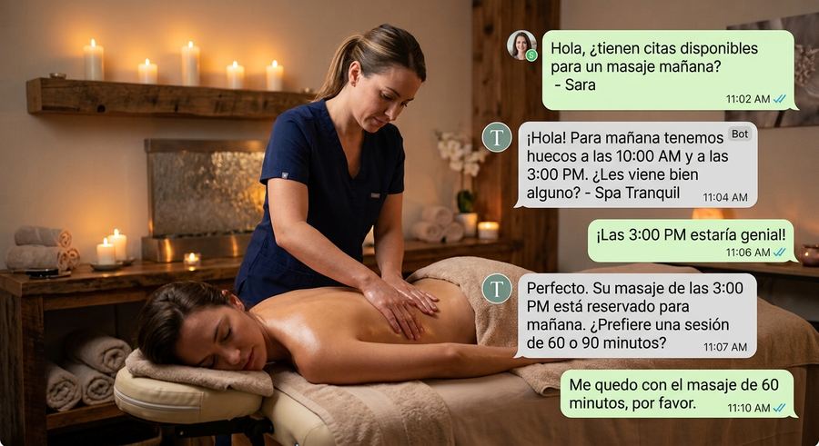 Conversación de WhatsApp automatizada agendando una cita en un spa