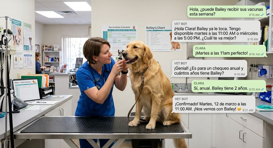 Conversación de WhatsApp automatizada agendando una cita en una veterinaria